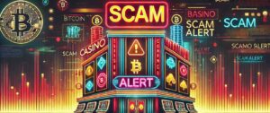 An image featuring a dark and ominous digital casino with a bright neon 'Scam Alert' sign.