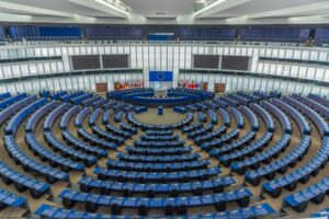 Hemicycle assembly hall of the European parliament building in Strasbourg, France.