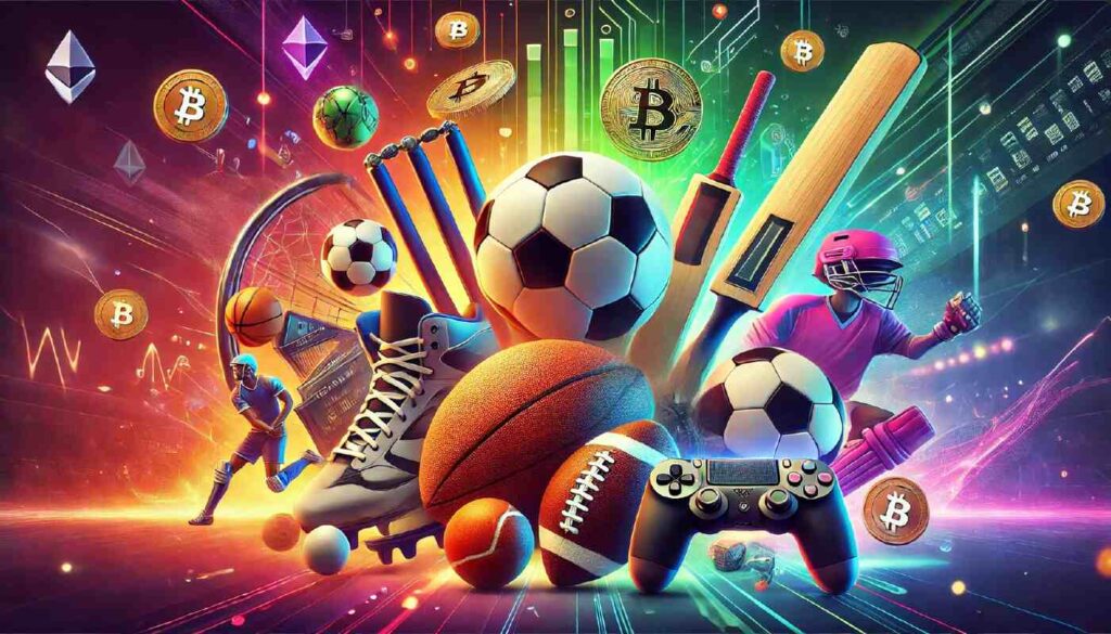 An colorful graphic featuring crypto coin symbols, athletes and sports equipment like soccer balls, game controllers, sneakers, and cricket bats.