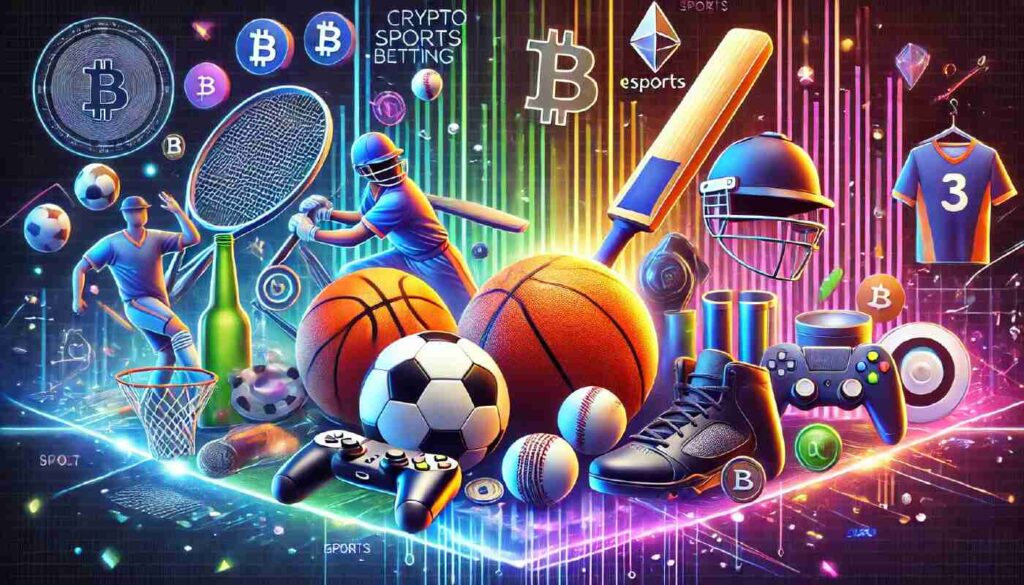 An colorful graphic featuring crypto coin symbols and sports equipment like soccer balls, basketballs, sneakers, and cricket bats.