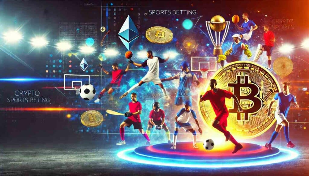 An colorful graphic featuring crypto coins and sports equipment, representing crypto betting sites and sportsbooks.